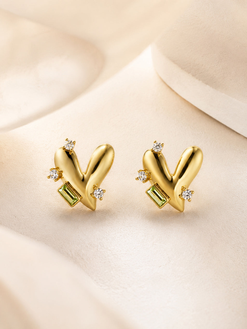 18K Gold Plated Green Baguette Heart Stud Earrings