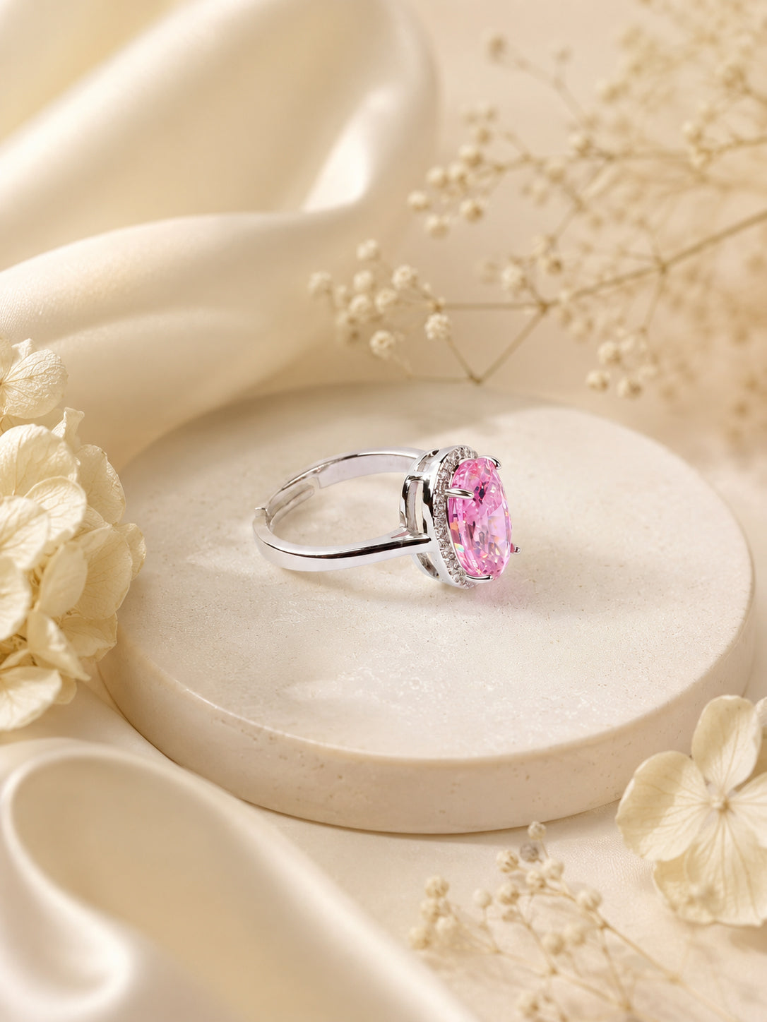Rhodium Plated Pink Halo Anti-Tarnish Waterproof Ring