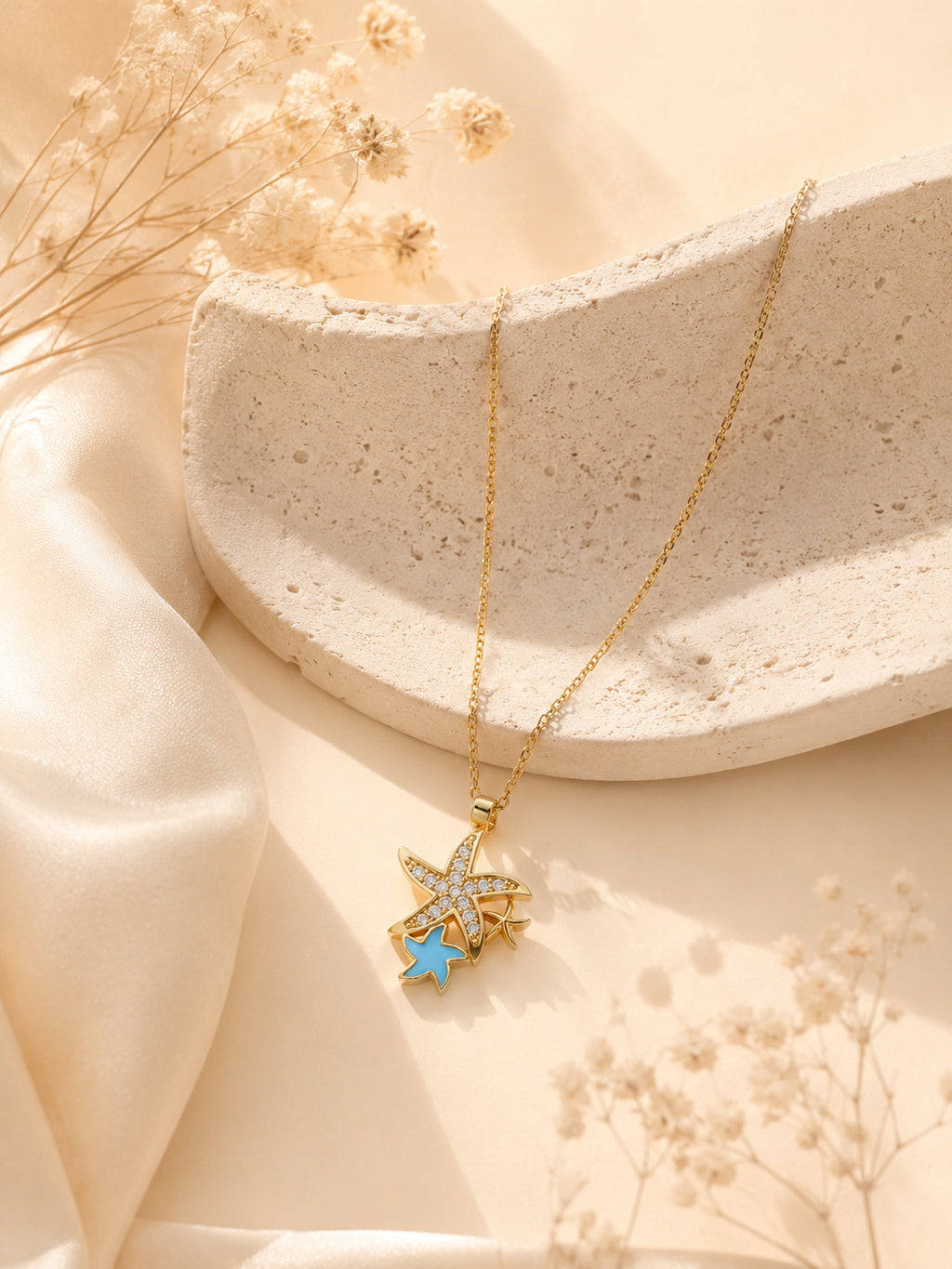 Starfish Charm Necklace with Blue Enamel in 18K Gold Plating