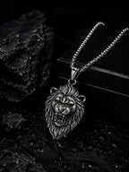 Rhodium-Plated Lion Pendant Waterproof Stainless Steel Chain for Men