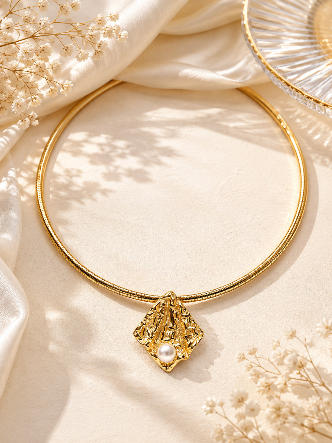Aanura Gold Choker Necklace with Pearl Accent Charm