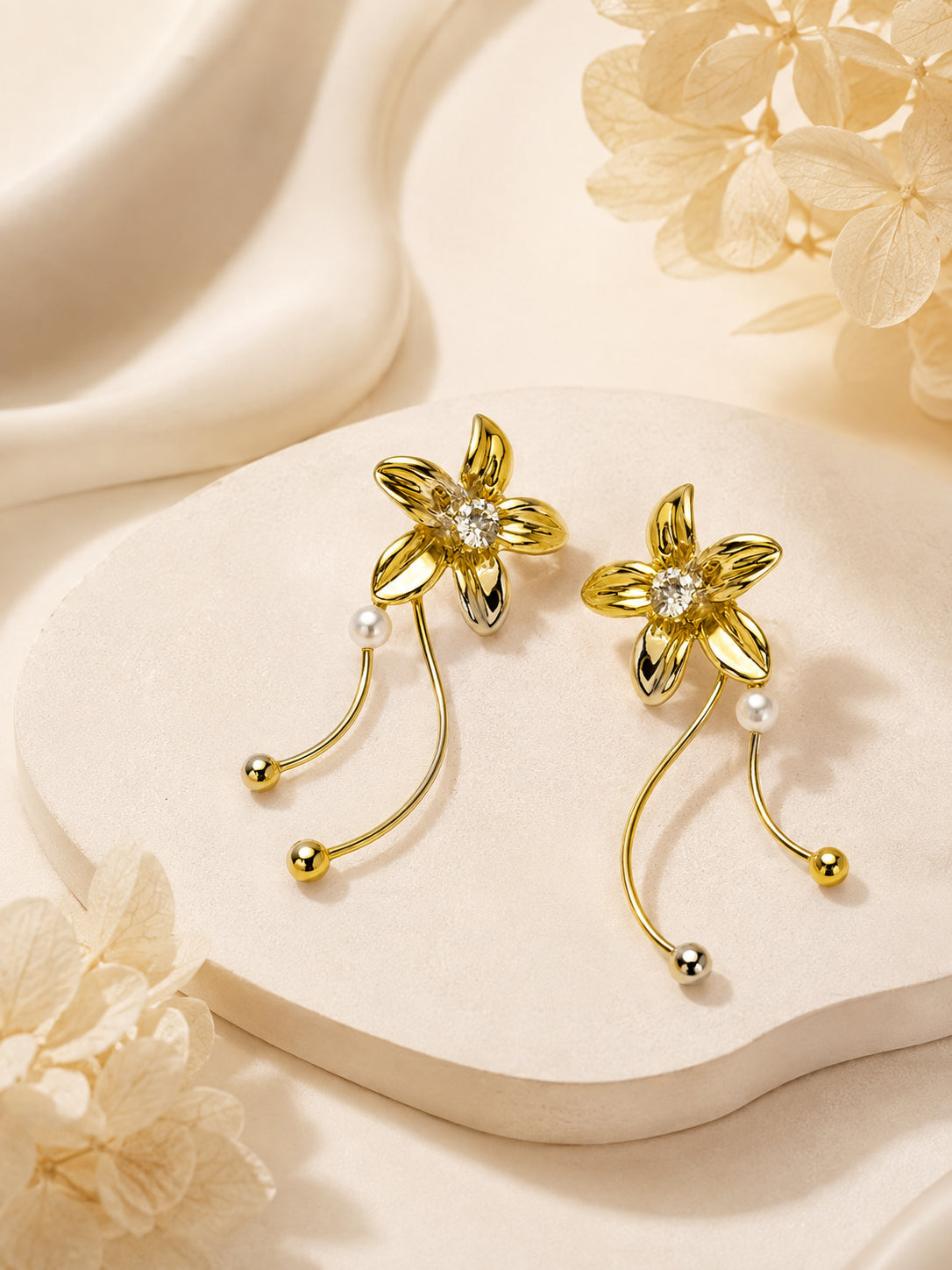 Aanura Crystal Pearl Floral Long Drop Earrings