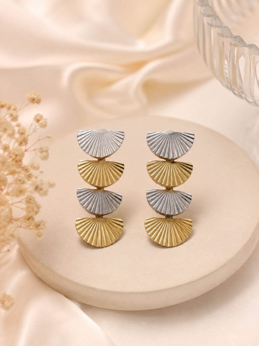 Aanura Solaris Fan Cascade Earrings – Dual-Tone Stainless Steel