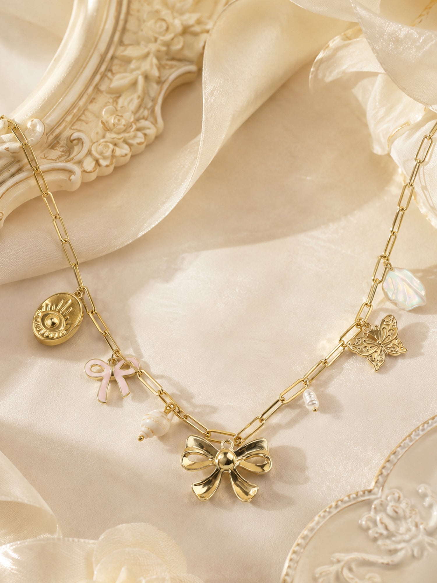Aanura Gold Charm Necklace with Bow & Butterfly