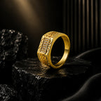 18K Gold Plated Gold Stone Grid Anti-Tarnish Demi-Fine Ring for Men