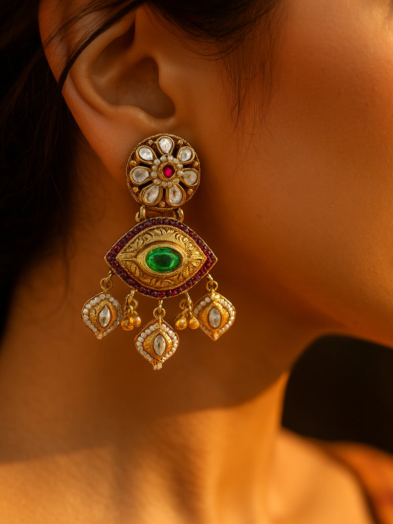 Aanura Gold-Plated Green Ruby Floral Drop Earrings