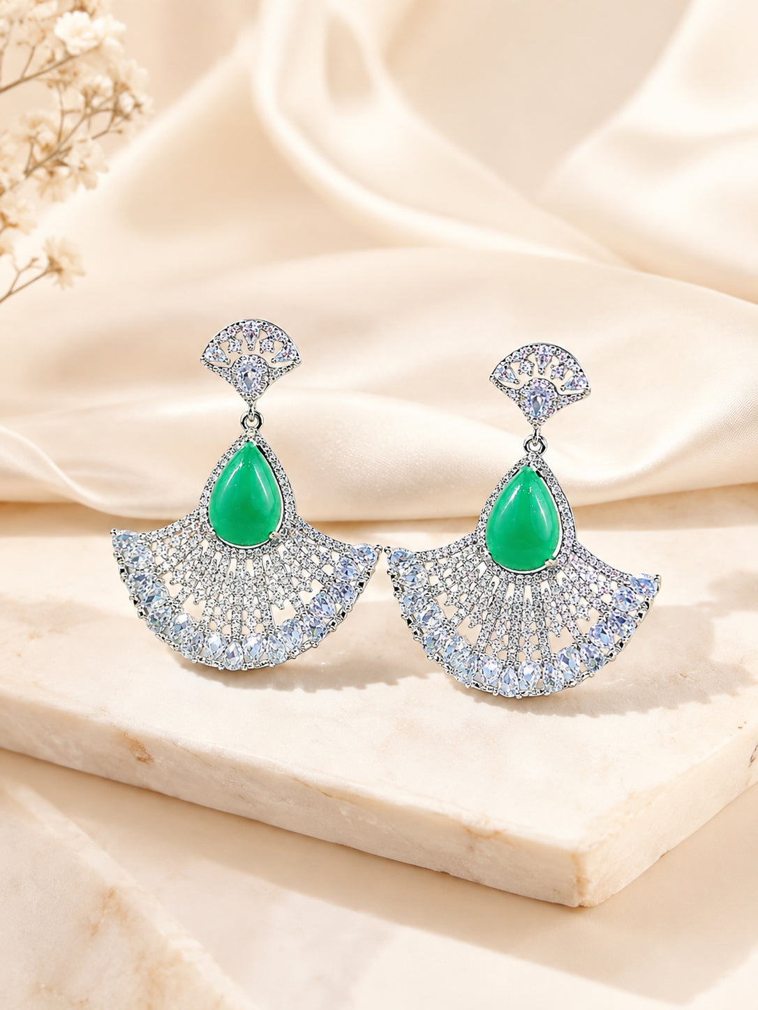 Aanura Silver Green Teardrop Fan Statement Earrings