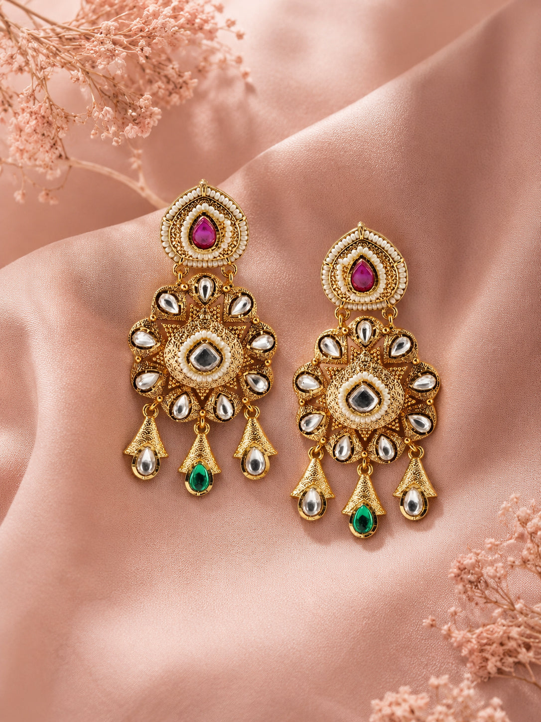 Aanura Gold Kundan Earrings with Red & Green Stones