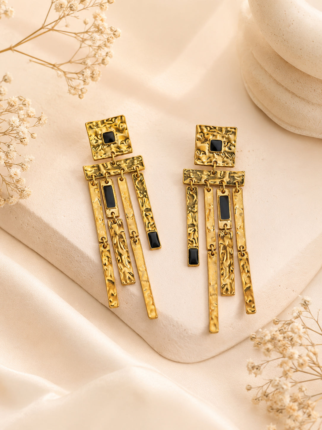 Aanura Hammered Gold Black Stone Dangle Earrings