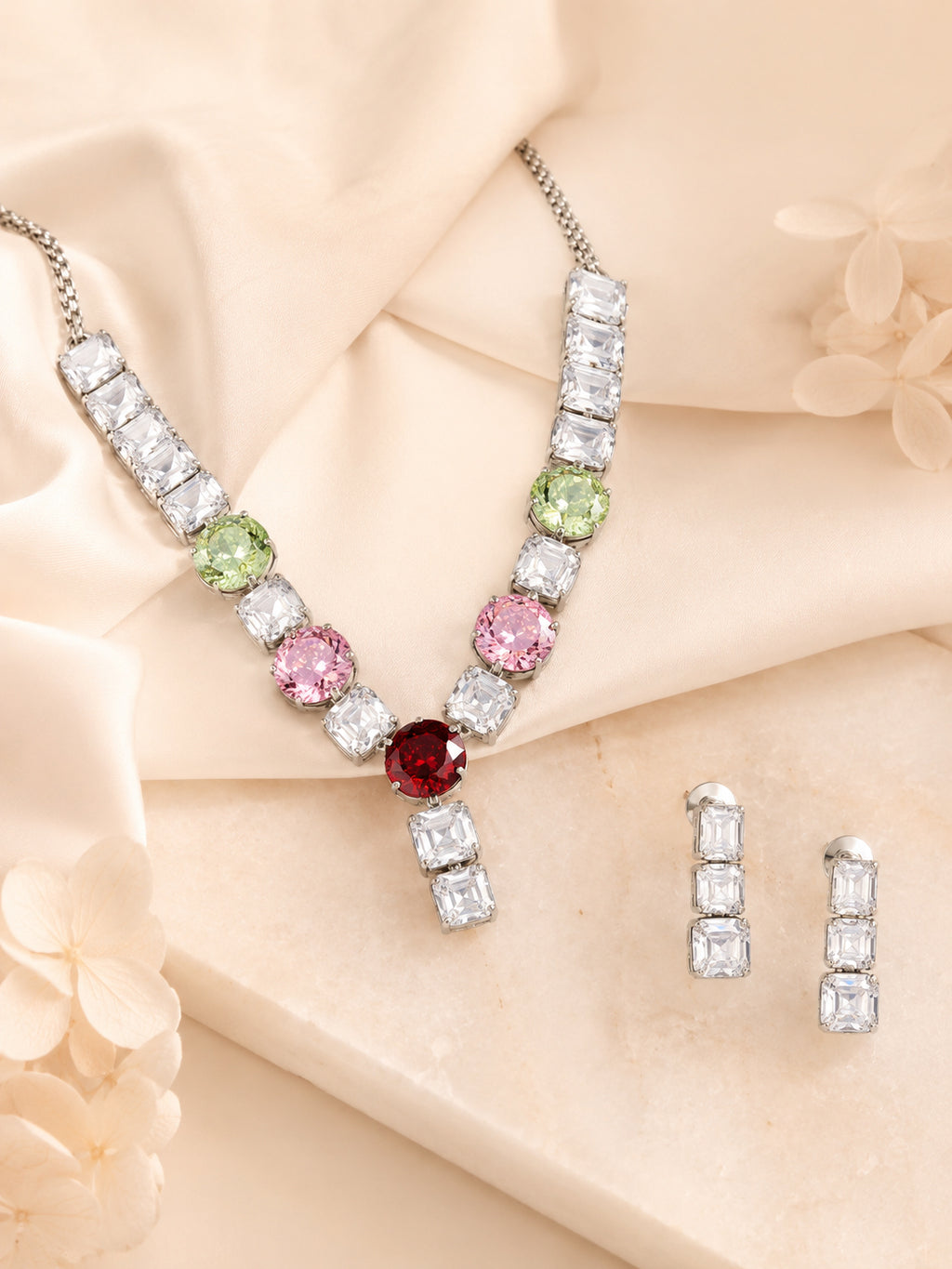 Aanura Red Center Multicolor Crystal Necklace