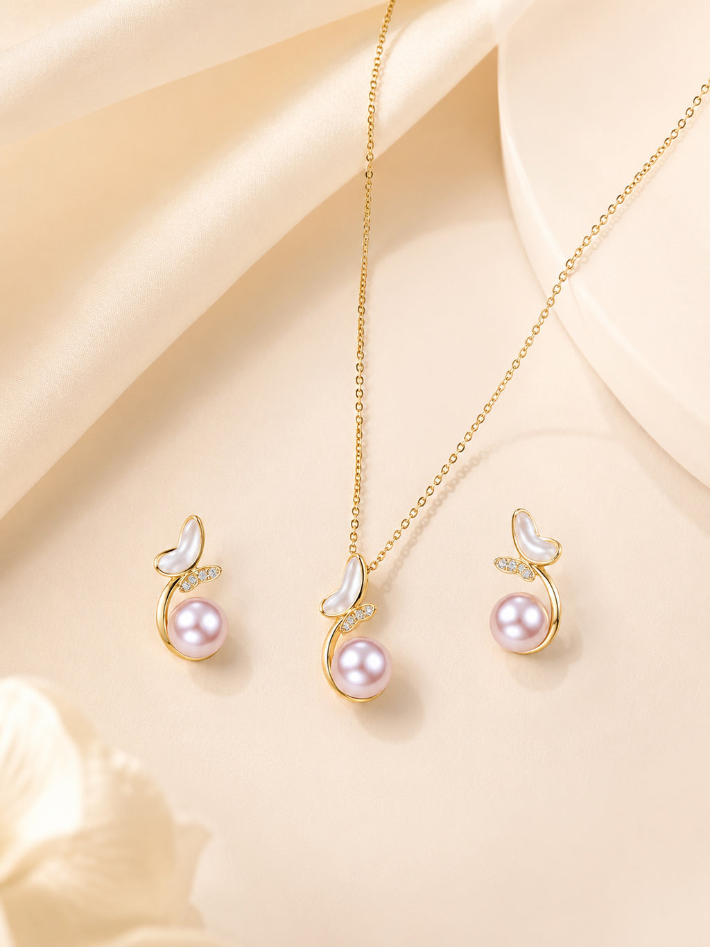 Aanura Pink Pearl Leaf Necklace & Earrings Set