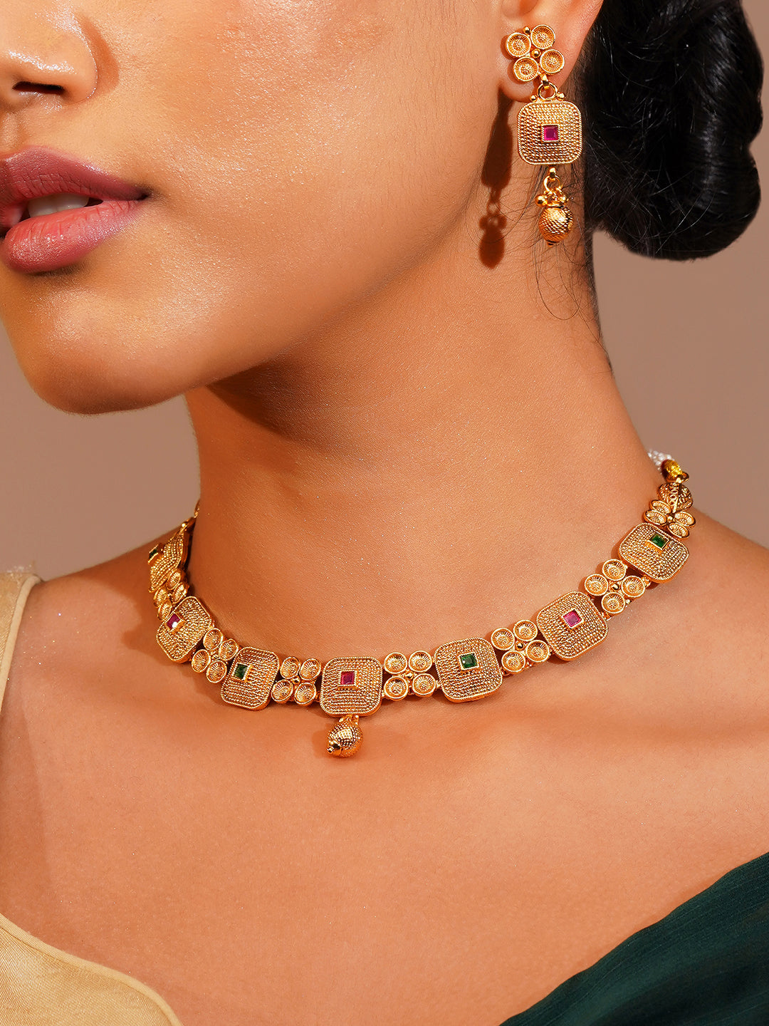 Aanura Gold Plated Ruby Grid Necklace Set