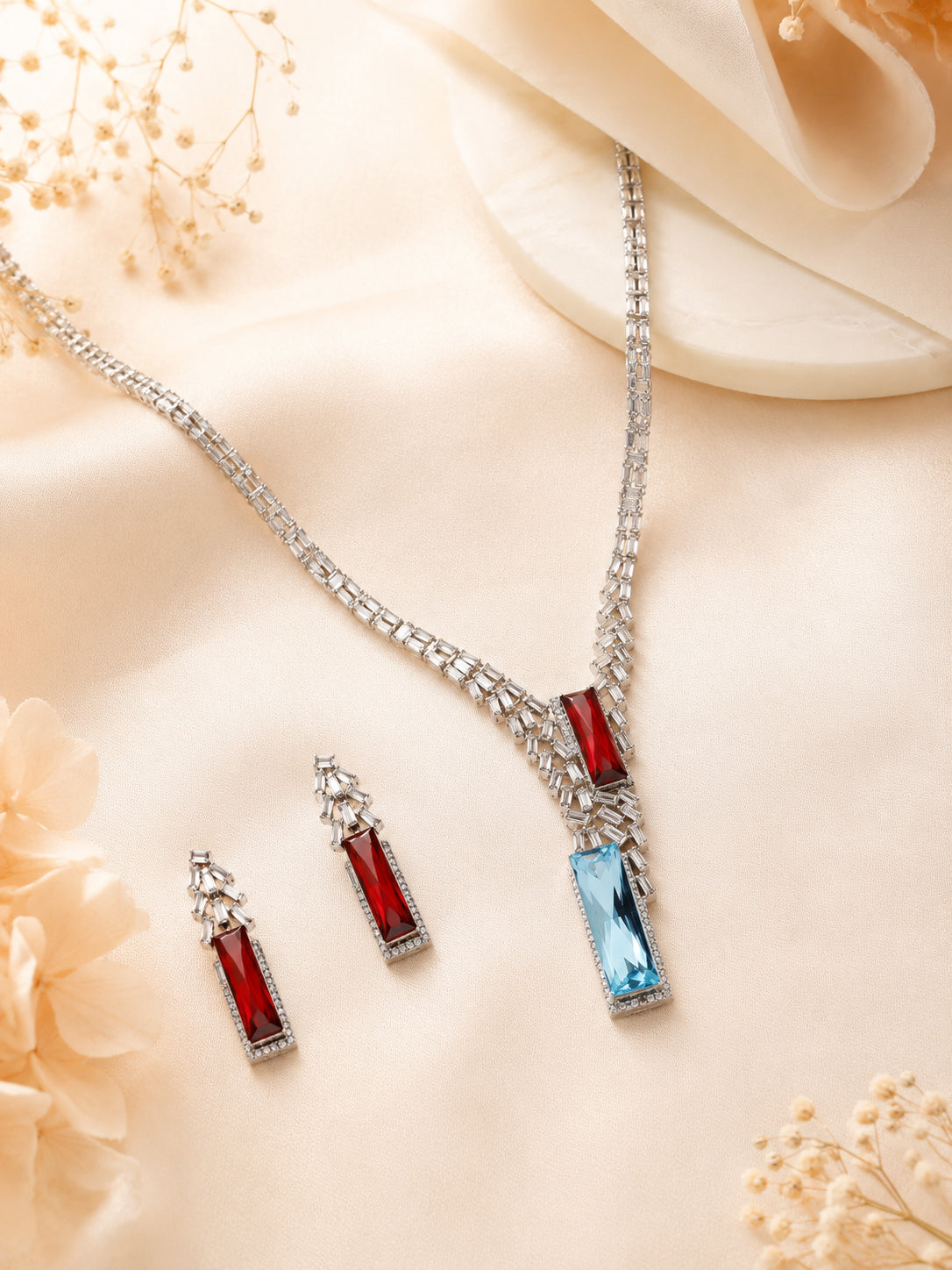Aanura Red & Blue Stone Necklace Set