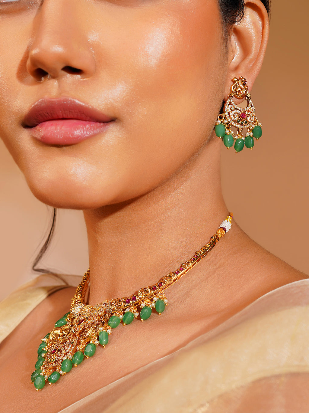 Aanura Gold Plated Temple Necklace & Earring Set