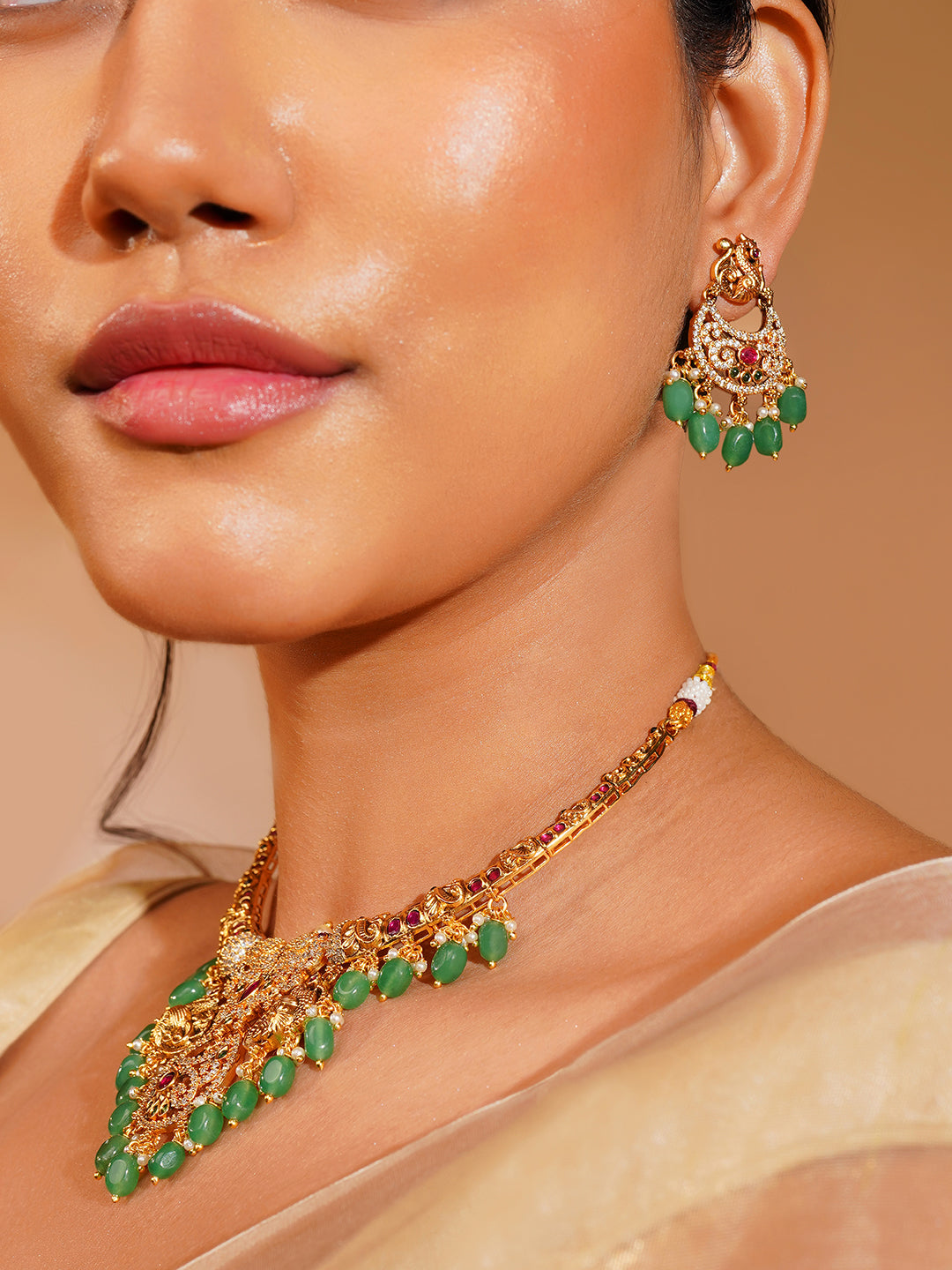 Aanura Gold Plated Temple Necklace & Earring Set