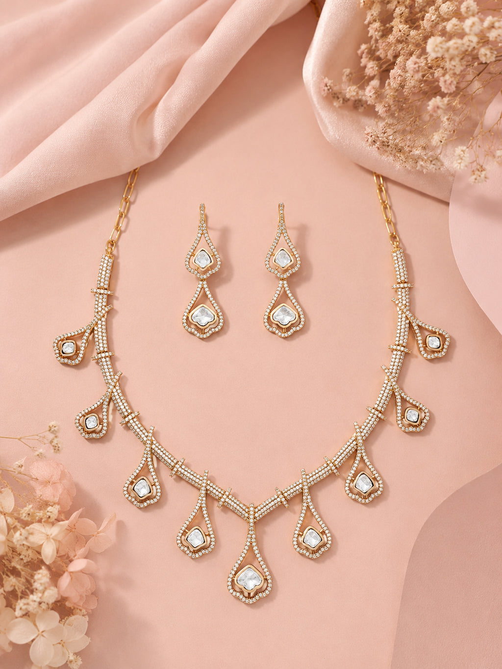 Aanura Teardrop Gold Necklace Set with Stone Earrings