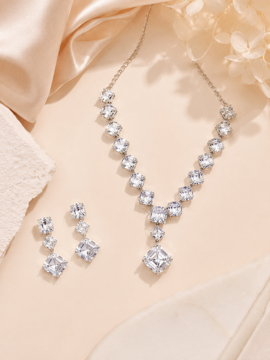 Aanura Square Crystal Necklace Set in Stainless Steel