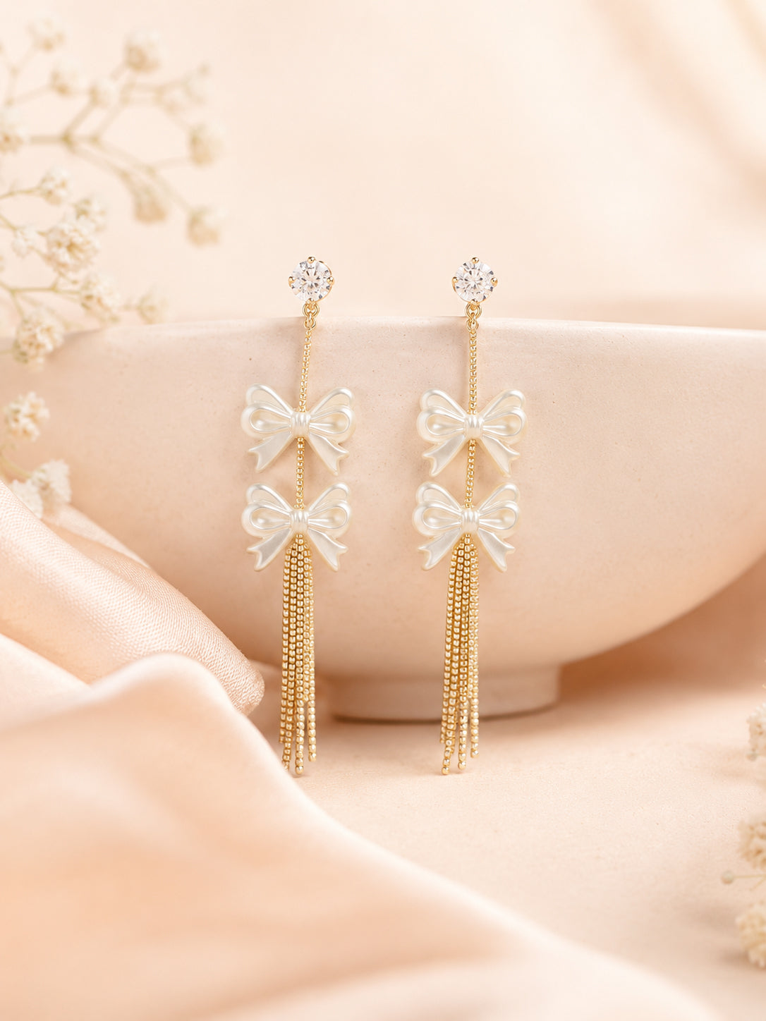 Aanura Pearl Bow Tassel Gold Drop Earrings
