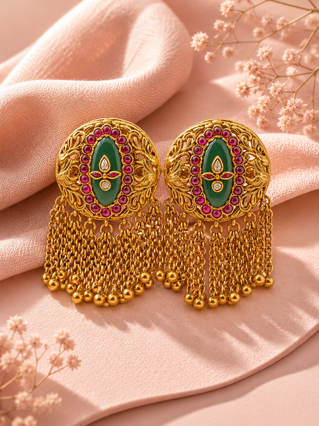 Aanura Gold-Plated Green Ruby Tassel Rings