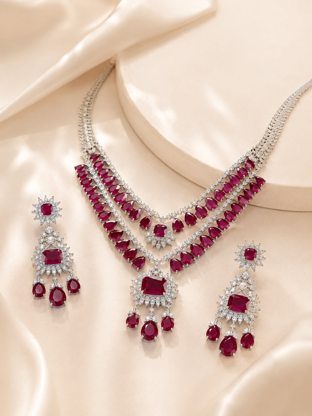 Aanura Ruby Red Bridal Necklace Set in Stainless Steel
