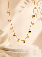 Multi-Stone Coin Charm Necklace in 18K Gold Plating