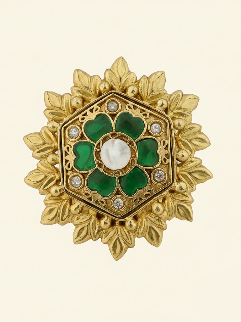 Aanura Gold-Plated Hexagon Green Floral Ring