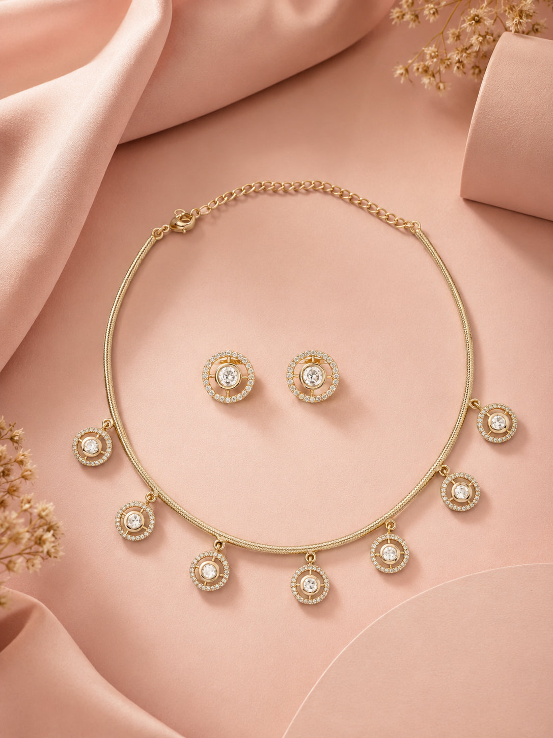 Aanura Minimal Gold Necklace Set with Round Crystal Drops