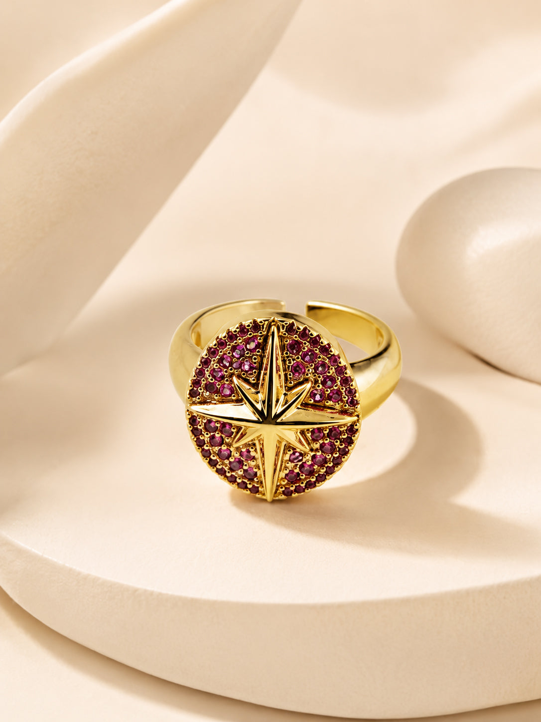18K Gold Plated Pink Crystal Celestial Compass Ring