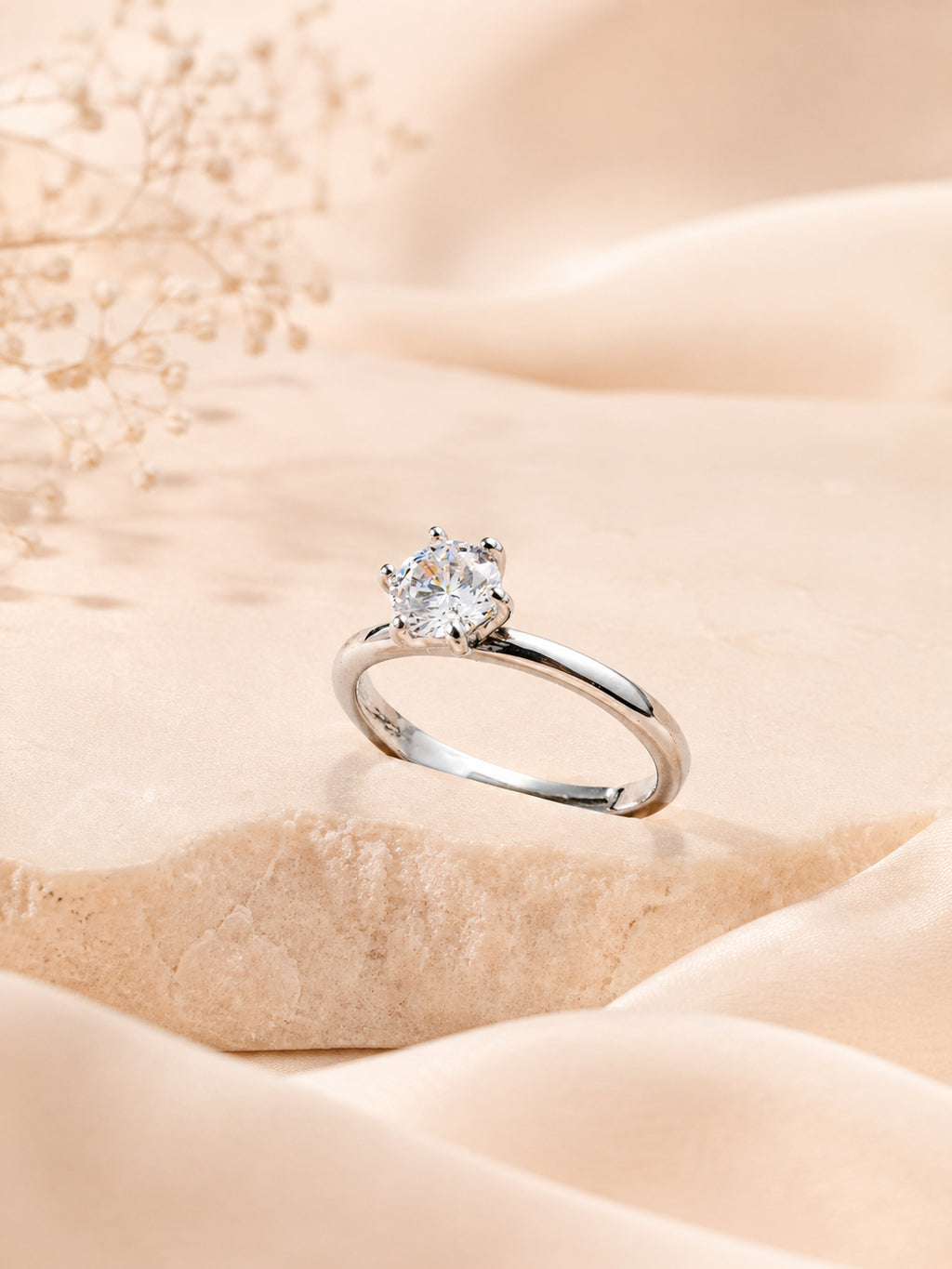 Rhodium Plated Anti-Tarnish Solitaire Crystal Ring