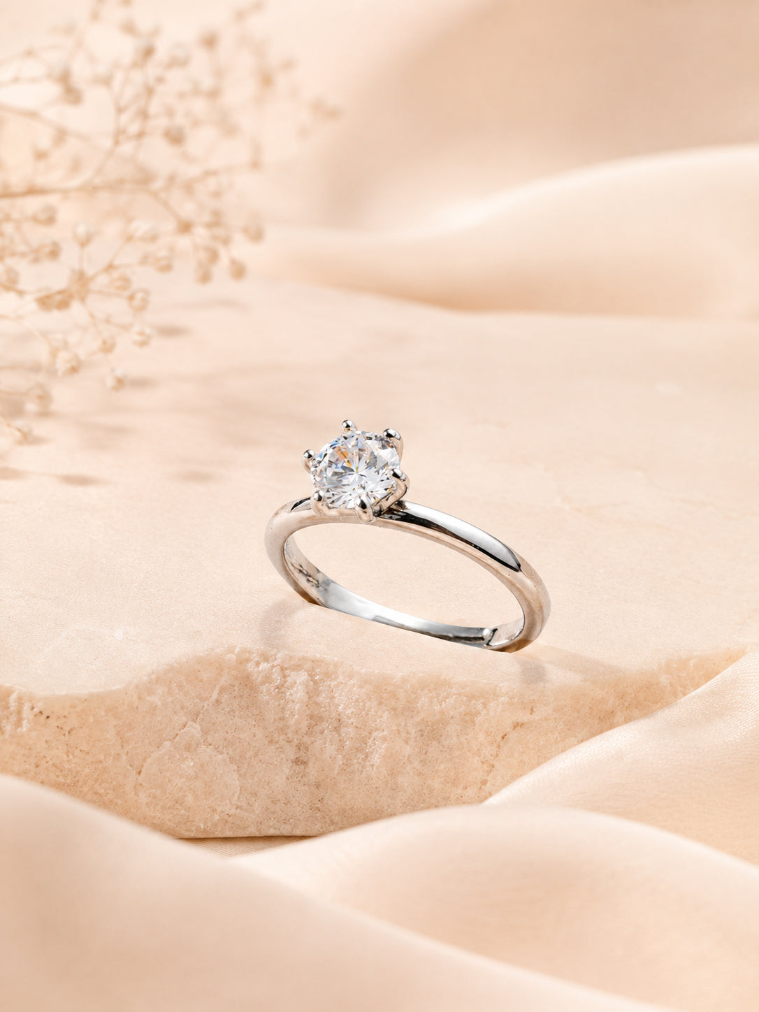 Rhodium Plated Anti-Tarnish Solitaire Crystal Ring