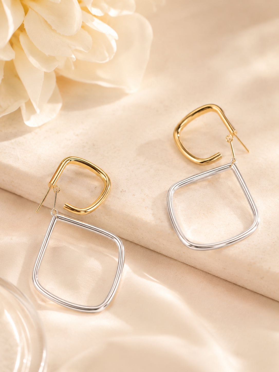 Aanura Dual Tone Geometric Hoop Drop Earrings