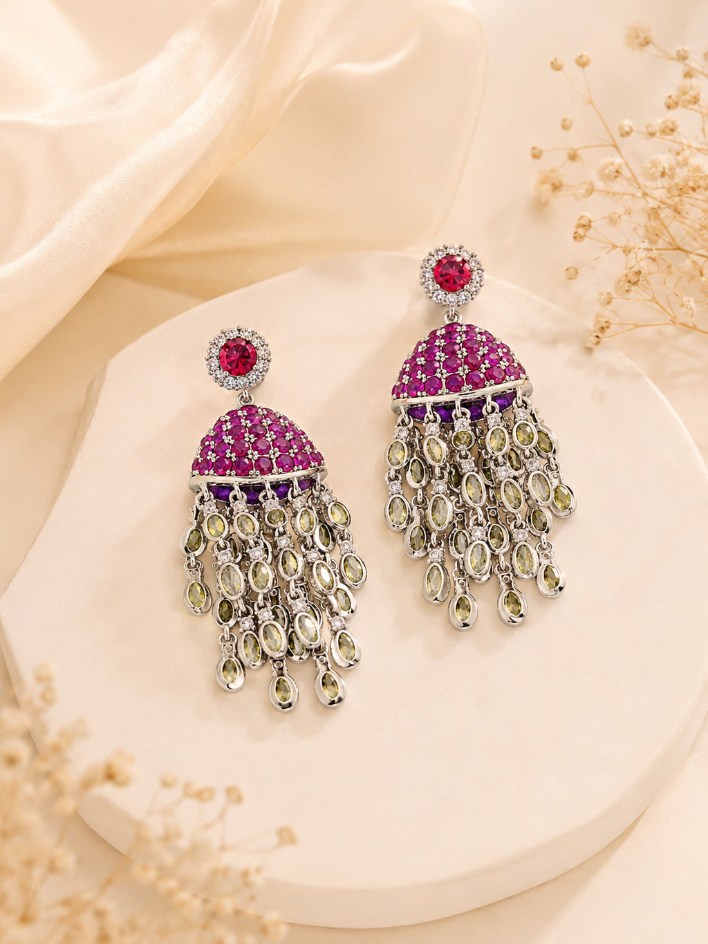 Aanura Red Dome Tassel Jhumka-Style Earrings