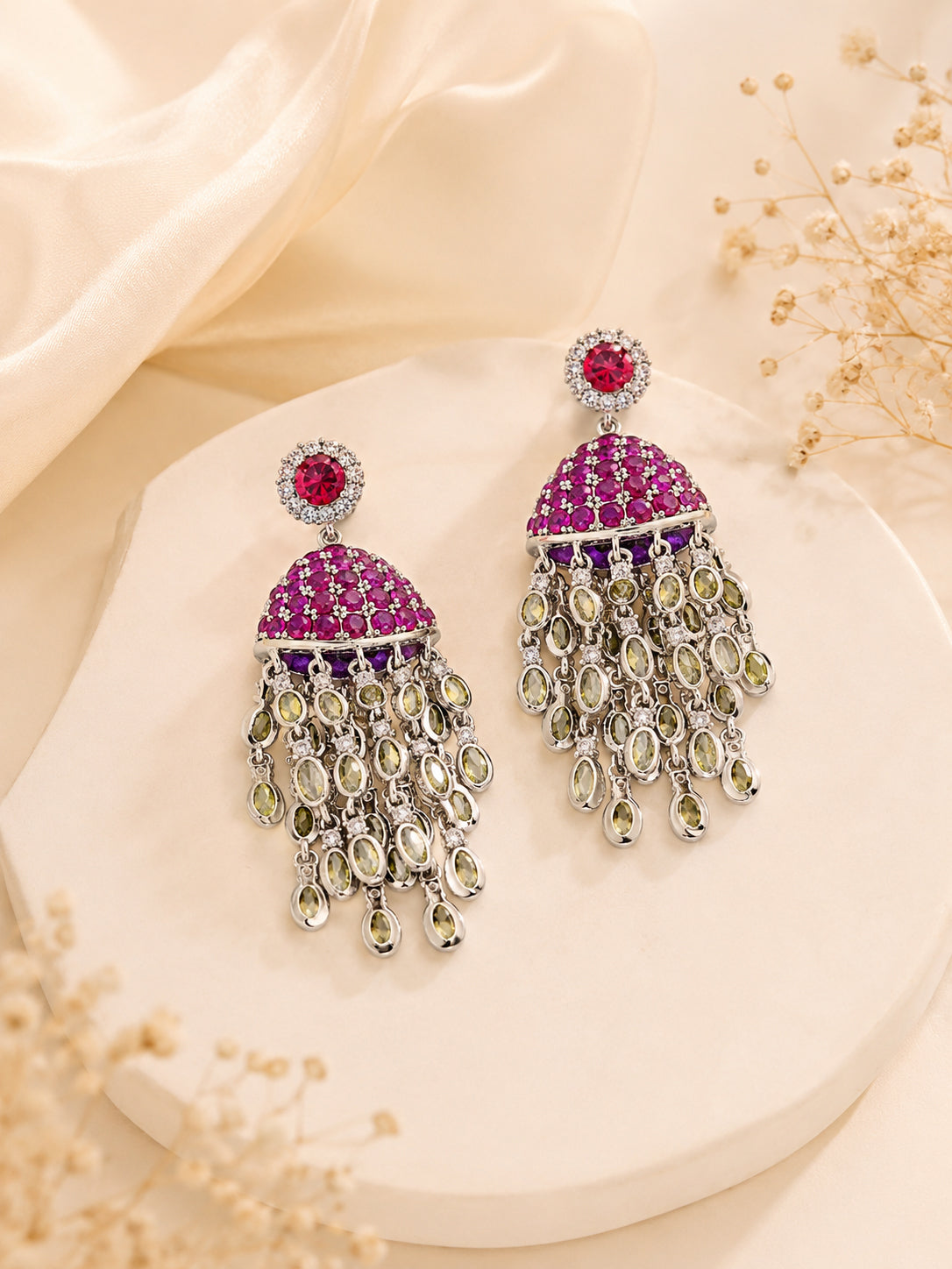 Aanura Red Dome Tassel Jhumka-Style Earrings