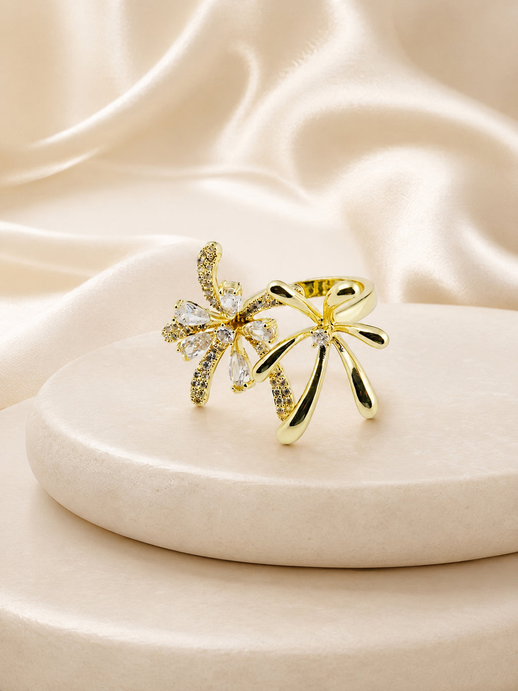 18K Gold Plated Twin Bloom Waterproof Crystal Ring
