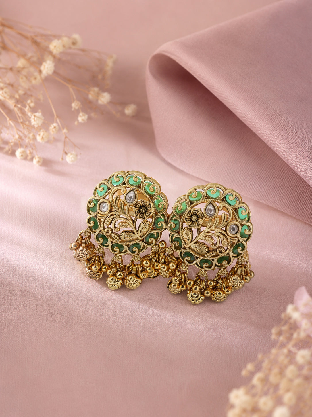 Aanura Gold-Plated Green Enamel Floral Rings