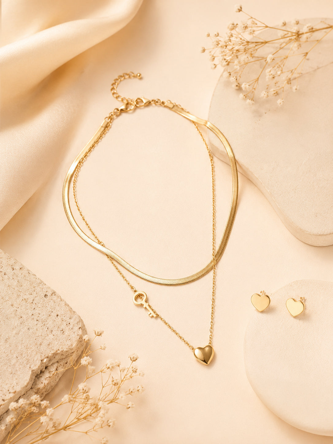 Aanura Golden Heart & Key Necklace & Earrings Set