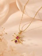 Pink Stone Spider Necklace with 18K Gold Plating