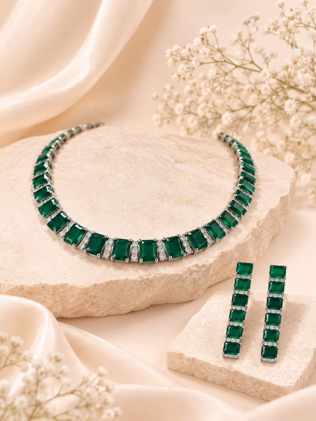 Aanura Green Emerald-Cut Necklace Set in Stainless Steel