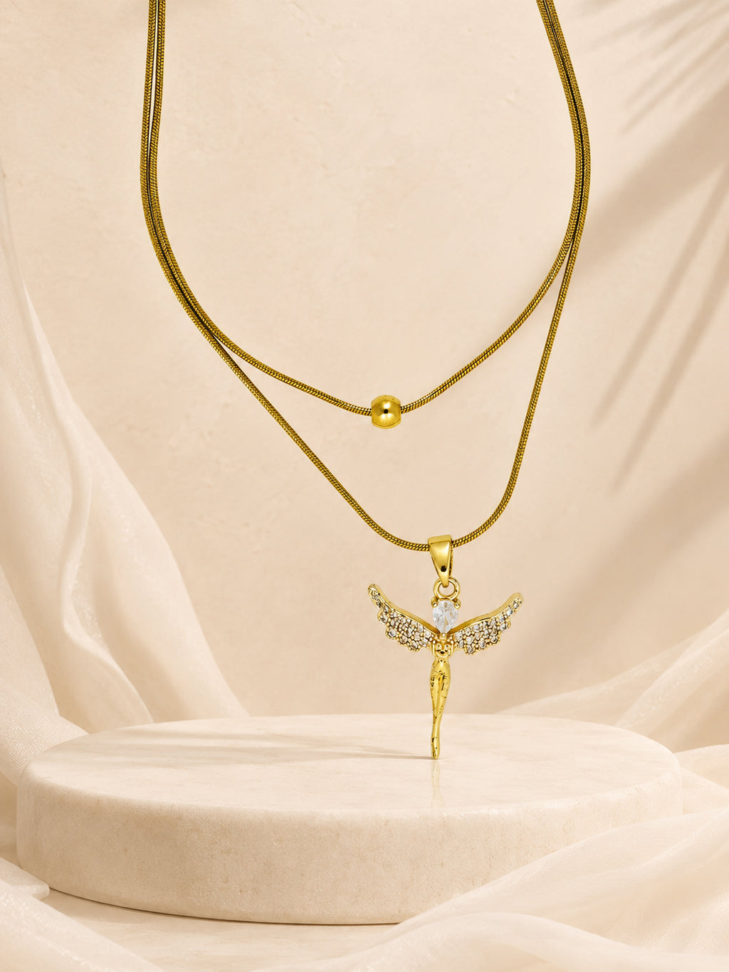 18K Gold Plated Angel Charm Layered Snake Chain Necklace
