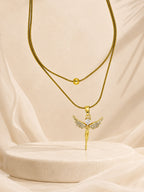 18K Gold Plated Angel Charm Layered Snake Chain Necklace