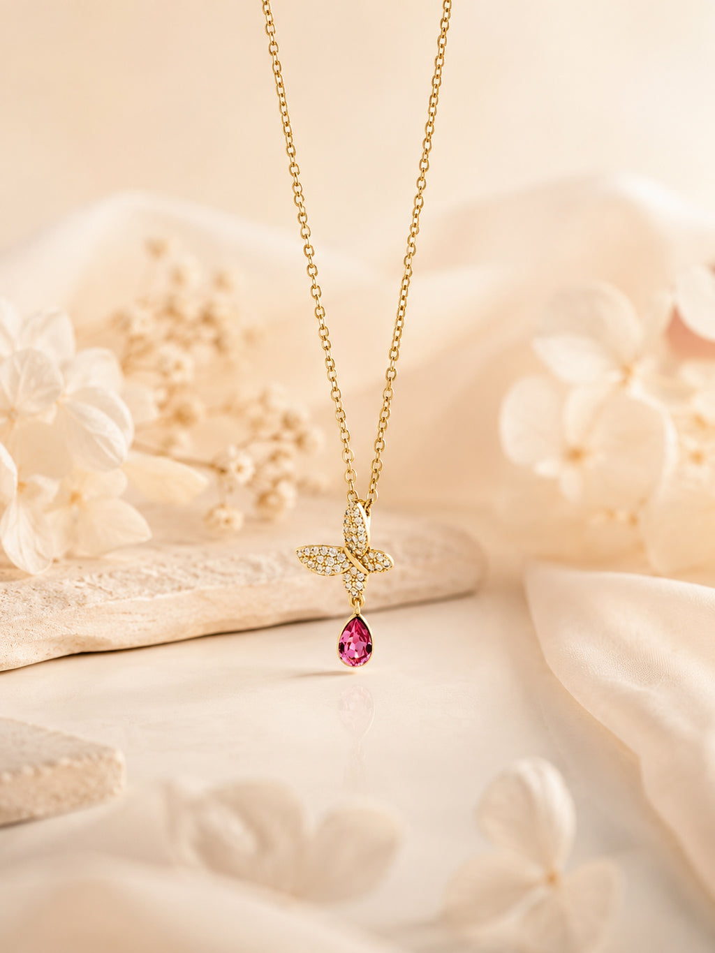 Crystal Butterfly Pink Drop Necklace with 18K Gold Plating