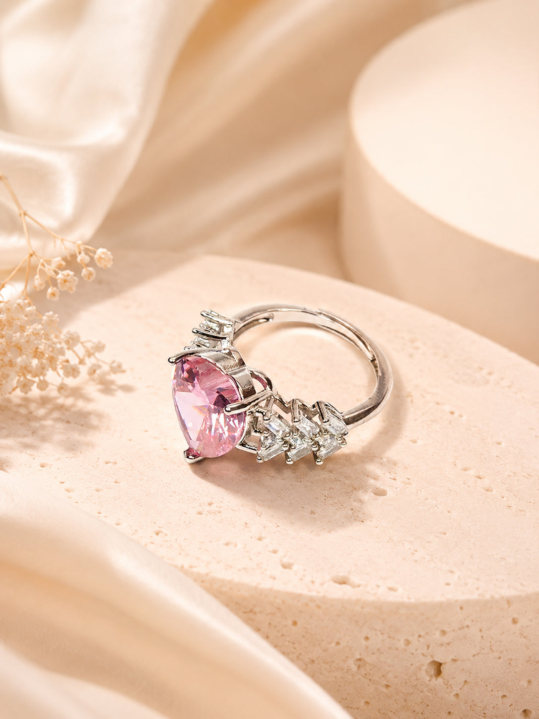 Rhodium Plated Pink Crystal Anti-Tarnish Waterproof Ring
