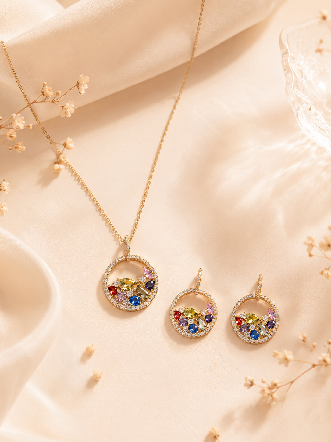 Aanura Multicolor Crystal Circle Necklace & Earrings