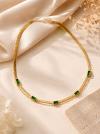 18K Gold Plated Green Stone Flat Chain Layered Necklace