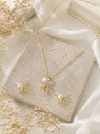 Golden Bow Pearl Necklace & Earrings Set