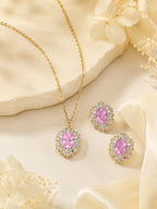 Aanura Pink Oval Halo Necklace & Earrings Set