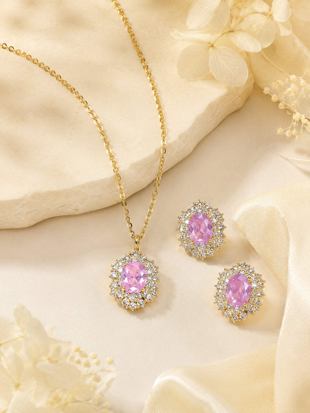 Aanura Pink Oval Halo Necklace & Earrings Set