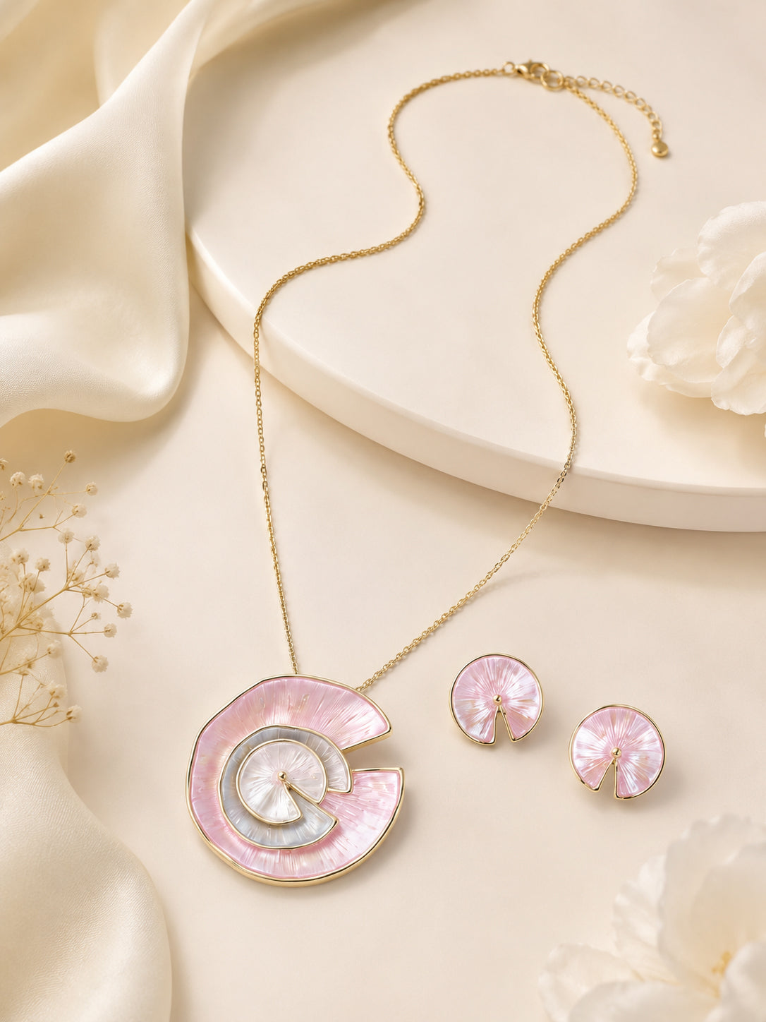 Aanura Pink Spiral Shell Necklace & Earrings Set