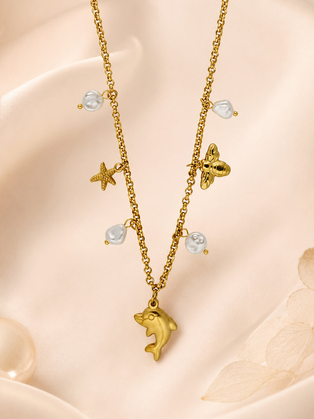 Dolphin & Pearl Charm Necklace with 18K Gold Plating