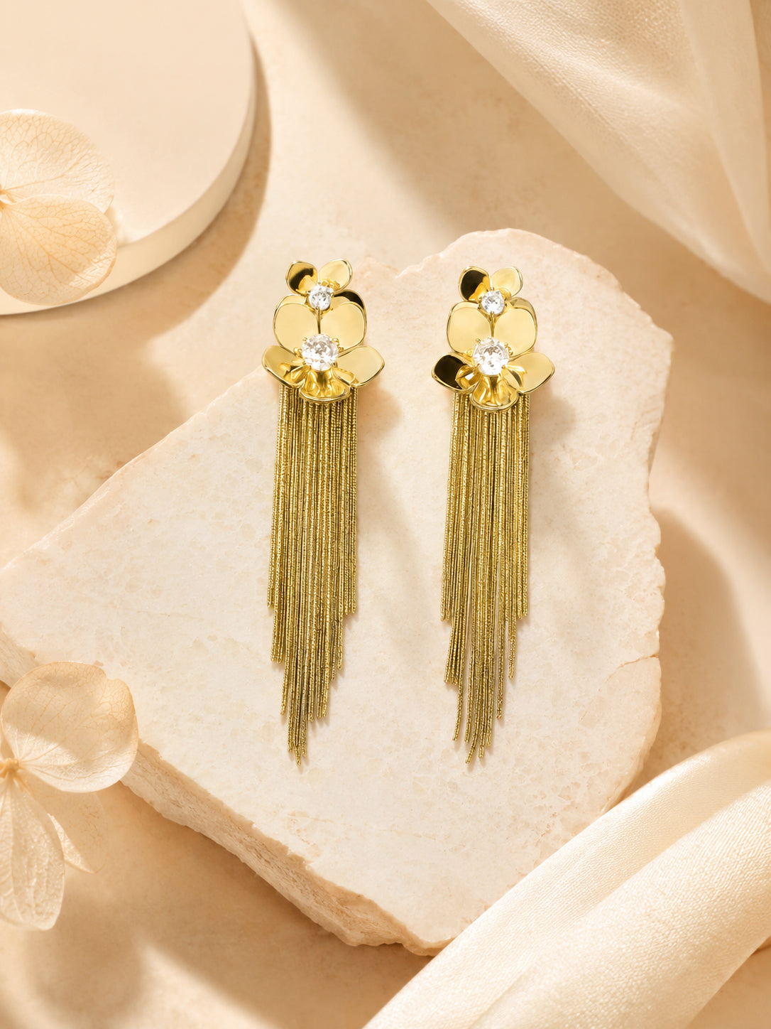 Aanura Crystal Floral Tassel Gold Drop Earrings